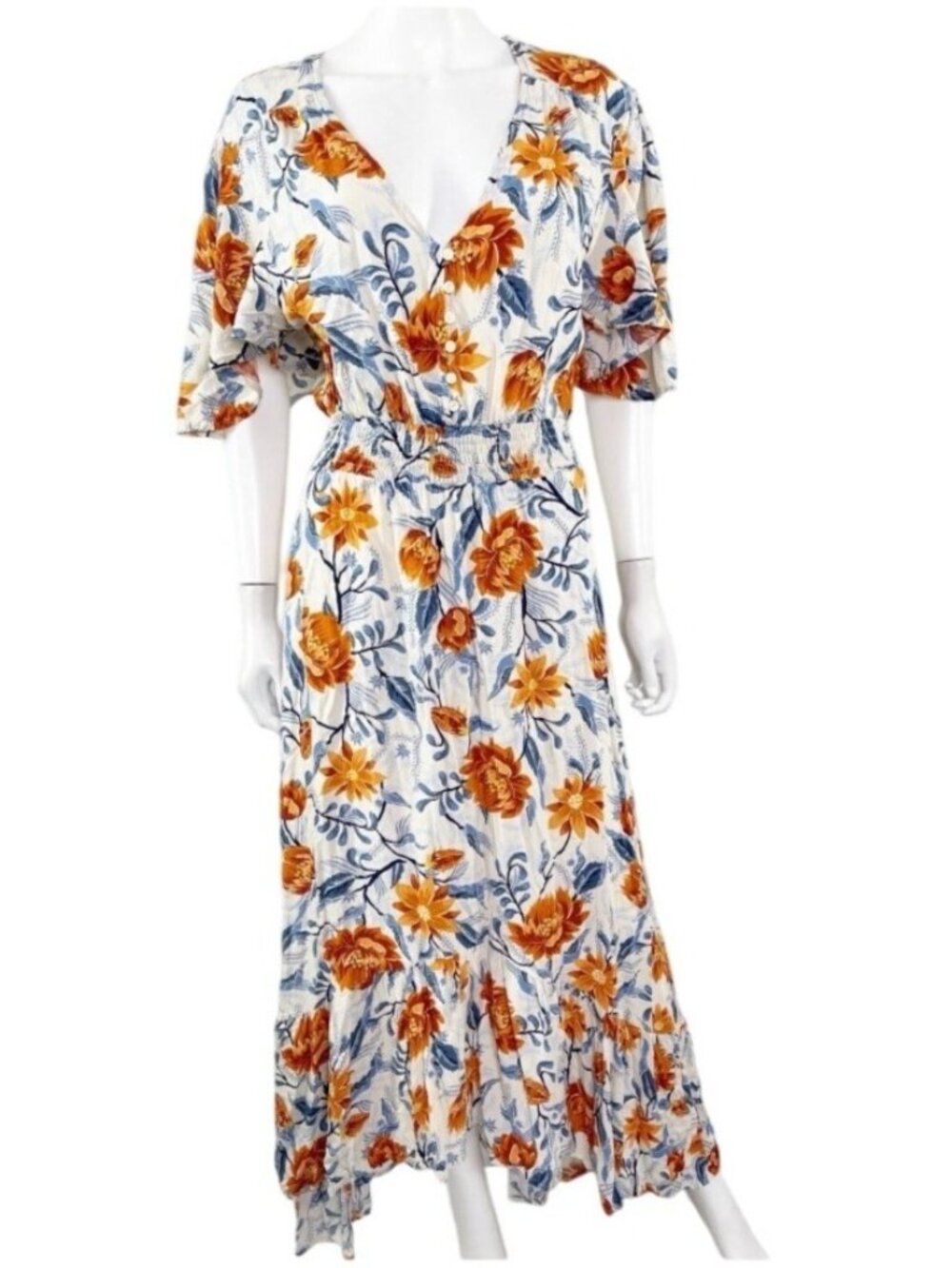 The Label By Anthropologie Size Large Orange V-Neck Tiered  Floral Maxi Dress